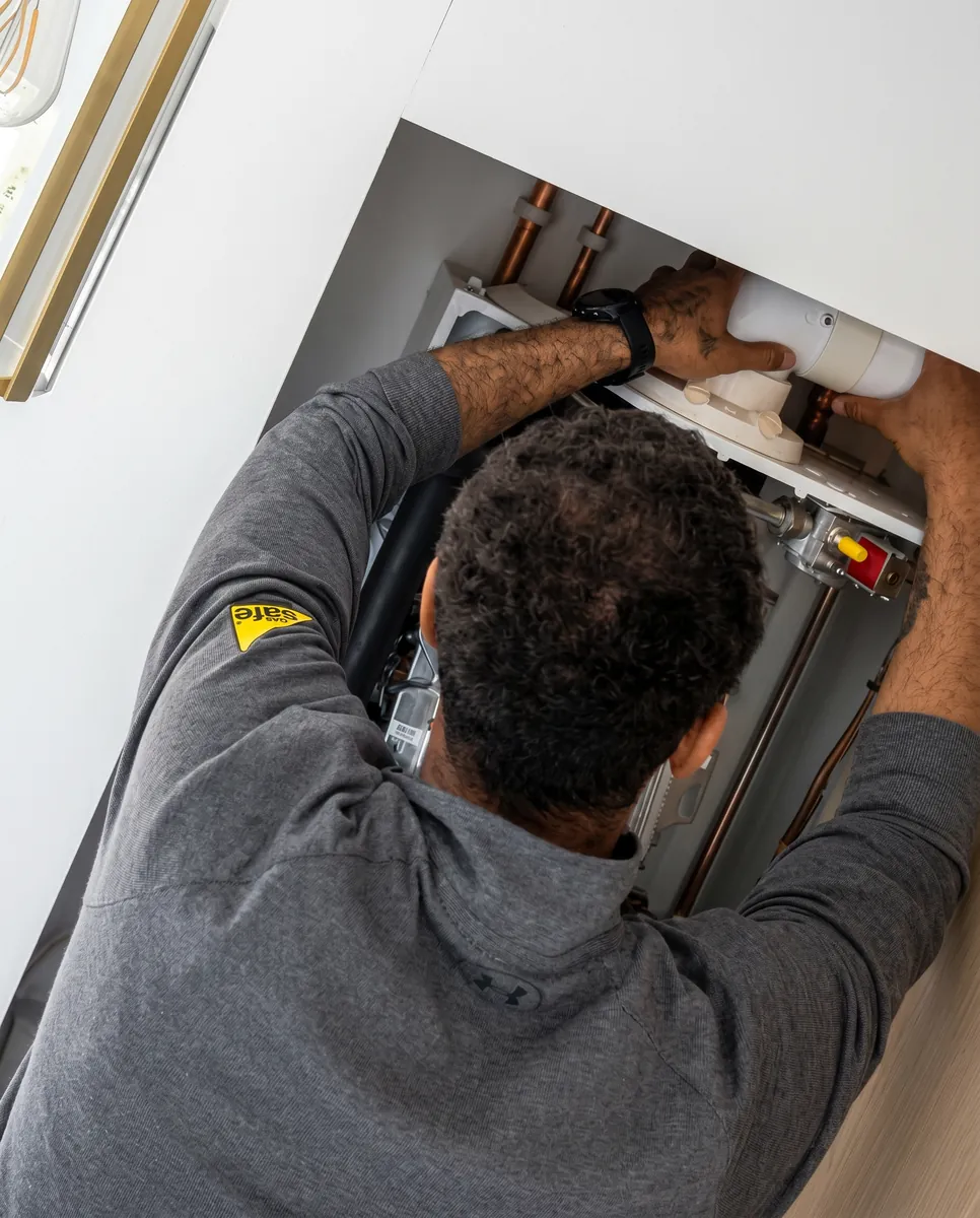 Gas Safe engineer servicing a modern combi boiler